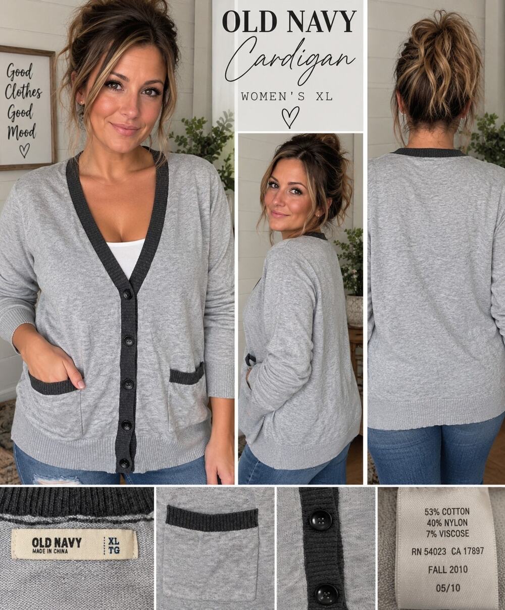 Old Navy Women XL Gray Cardigan Sweater Button Front Pockets Contrast Trim 2010